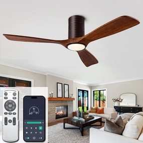 Flush Mount Ceiling Fans, 52 Inch Ceiling Fan with Remote/APP Control,3CCT Dimmable Lights,Noiseless Reversible DC Motor,3 Solid Wood Blades,Low Profile Ceiling Fans for Bedroom,Farmhouse,Patio App-controlled remote fan for convenience