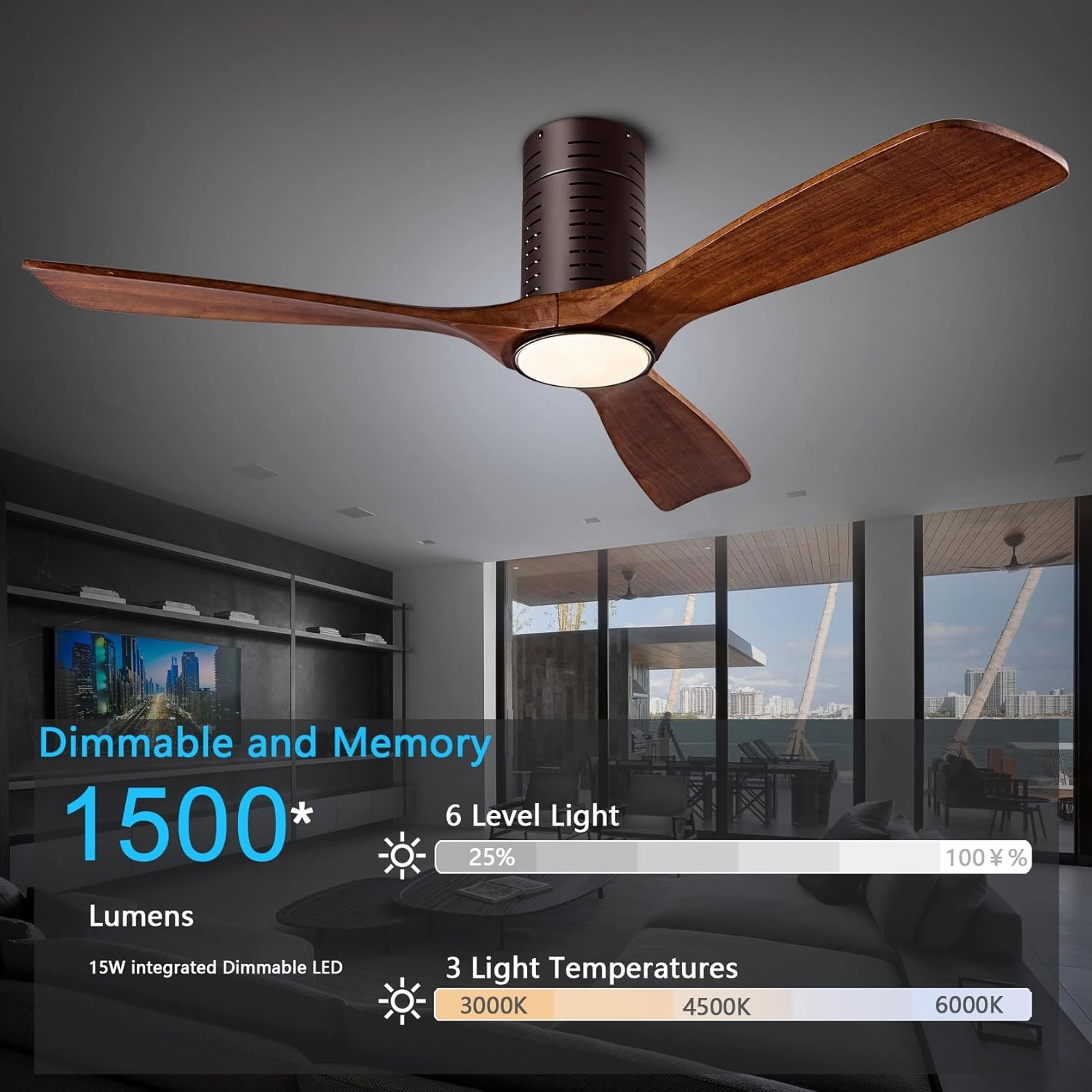 Flush Mount Ceiling Fans, 52 Inch Ceiling Fan with Remote/APP Control,3CCT Dimmable Lights,Noiseless Reversible DC Motor,3 Solid Wood Blades,Low Profile Ceiling Fans for Bedroom,Farmhouse,Patio