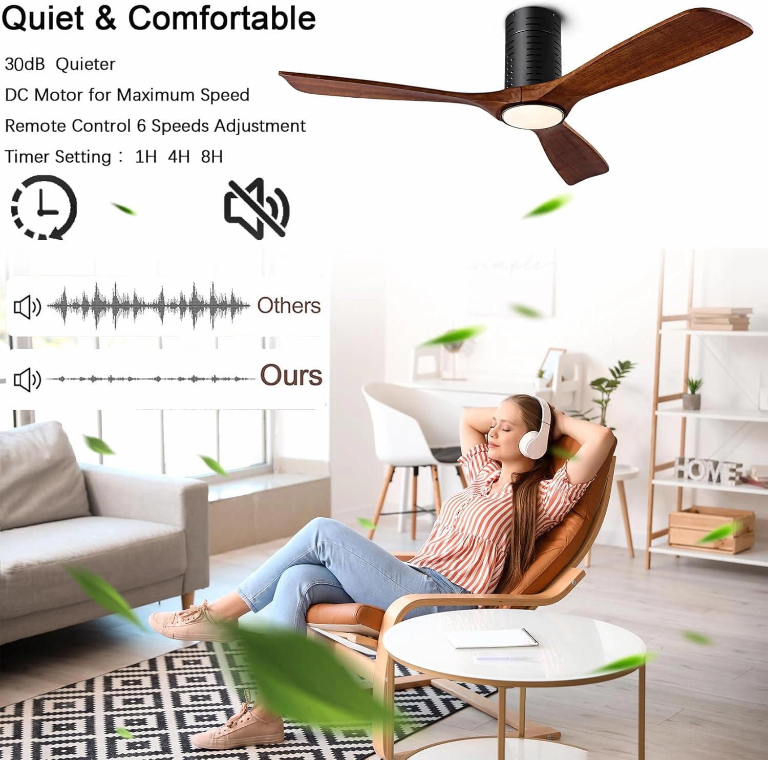Flush Mount Ceiling Fans, 52 Inch Ceiling Fan with Remote/APP Control,3CCT Dimmable Lights,Noiseless Reversible DC Motor,3 Solid Wood Blades,Low Profile Ceiling Fans for Bedroom,Farmhouse,Patio