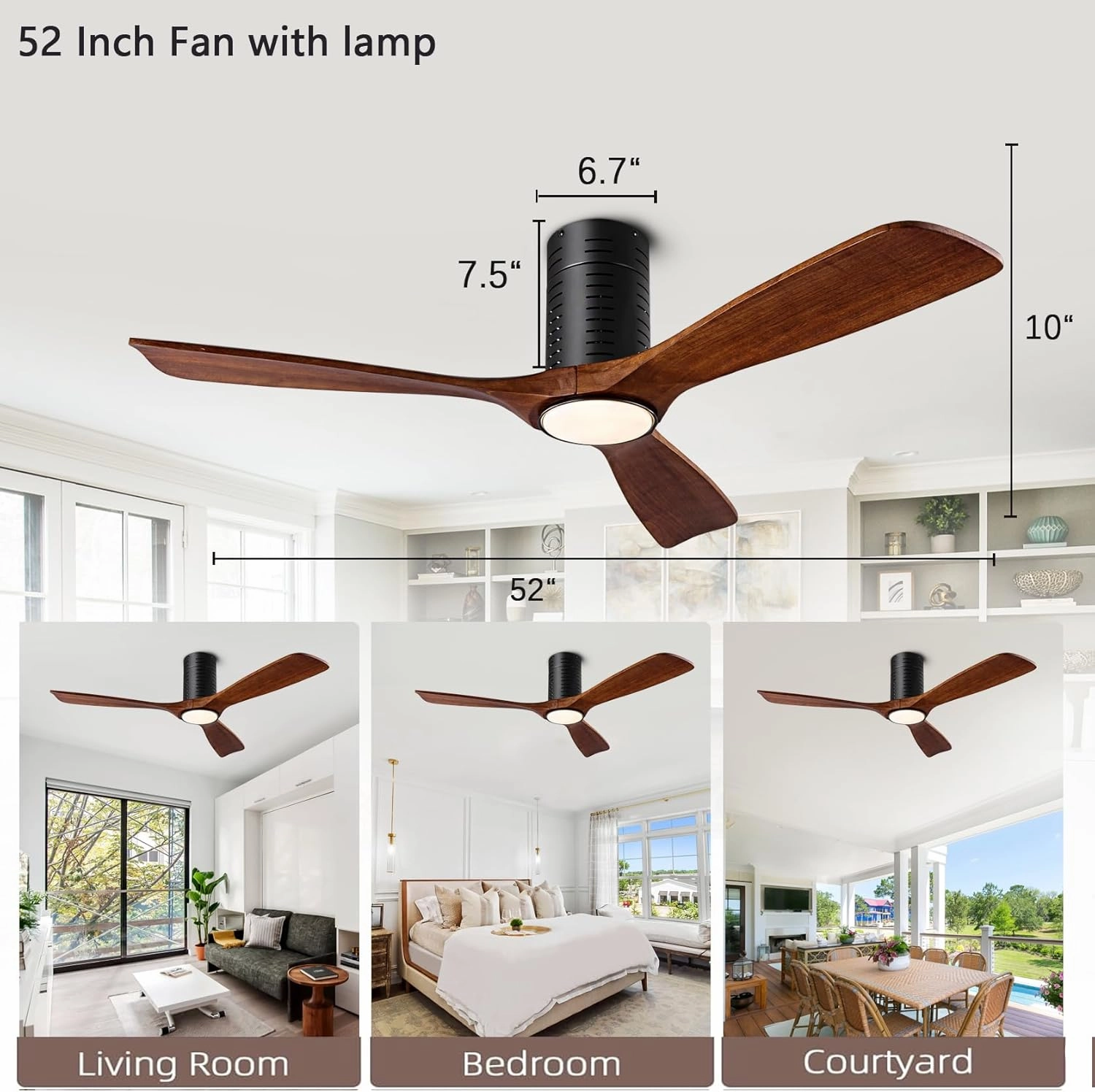 Flush Mount Ceiling Fans, 52 Inch Ceiling Fan with Remote/APP Control,3CCT Dimmable Lights,Noiseless Reversible DC Motor,3 Solid Wood Blades,Low Profile Ceiling Fans for Bedroom,Farmhouse,Patio
