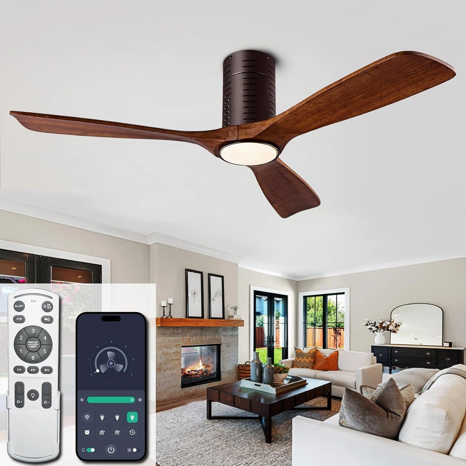 Flush Mount Ceiling Fans, 52 Inch Ceiling Fan with Remote/APP Control,3CCT Dimmable Lights,Noiseless Reversible DC Motor,3 Solid Wood Blades,Low Profile Ceiling Fans for Bedroom,Farmhouse,Patio App-controlled remote fan for convenience