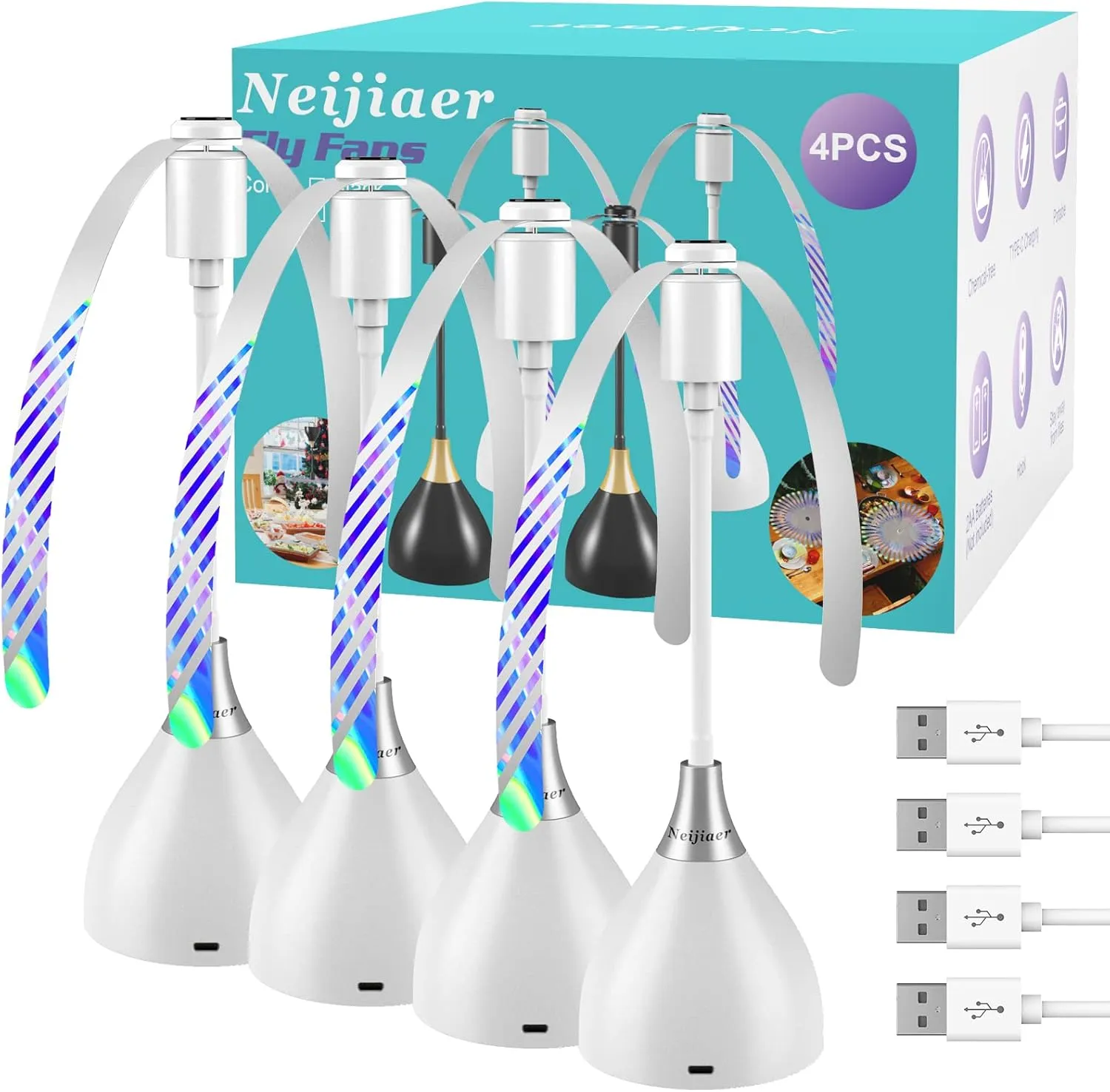 Fly Fans for Tables, Practical Fly Repellent Fan with Soft Blades, USB or Batteries Powered, Soundless and Portable Fly Fan Keeps Your Food Clean(4 Pack)