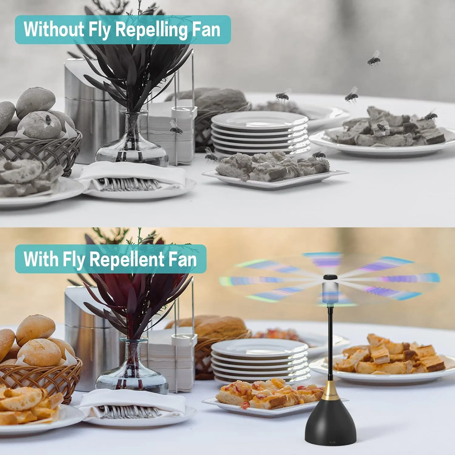 Fly Fans for Tables, Practical Fly Repellent Fan with Soft Blades, USB or Batteries Powered, Soundless and Portable Fly Fan Keeps Your Food Clean(4 Pack)