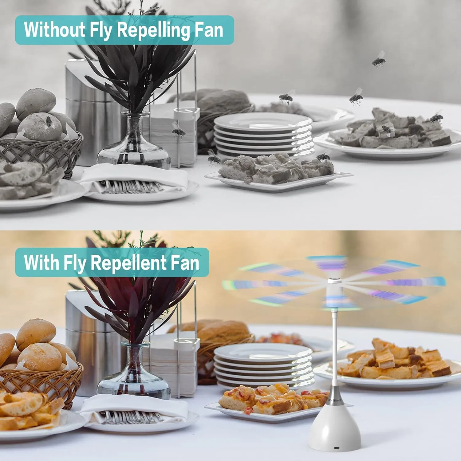 Fly Fans for Tables, Practical Fly Repellent Fan with Soft Blades, USB or Batteries Powered, Soundless and Portable Fly Fan Keeps Your Food Clean(4 Pack)