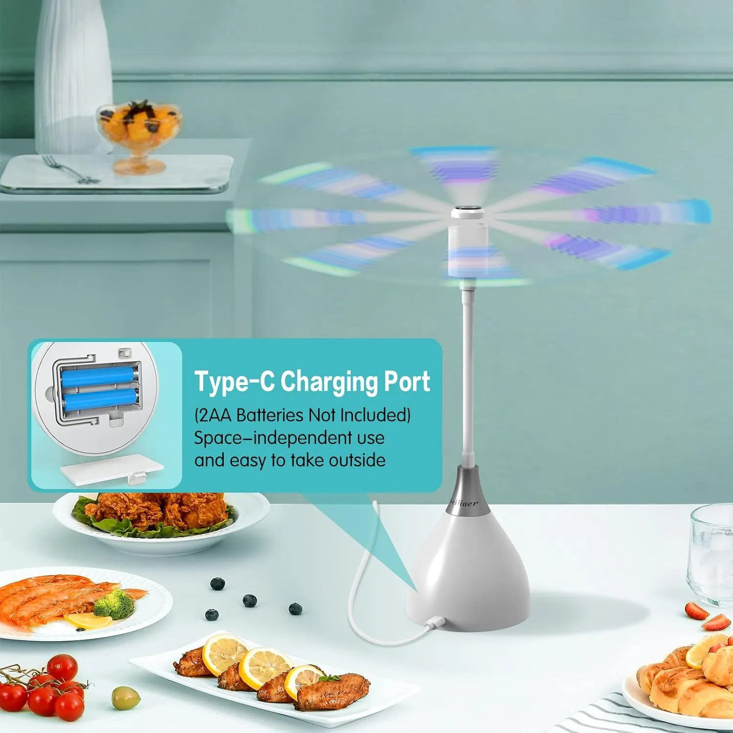 Fly Fans for Tables, Practical Fly Repellent Fan with Soft Blades, USB or Batteries Powered, Soundless and Portable Fly Fan Keeps Your Food Clean(4 Pack)