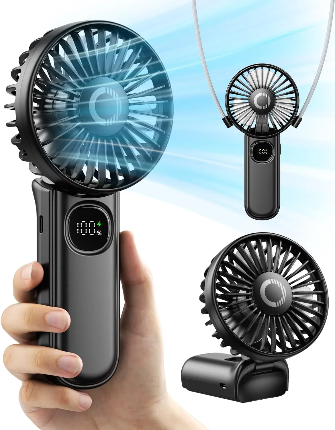 Foldable Portable Fan with LED Display, 3000mAh Battery Operated Mini Hand Held/Neck/Desk 3 in 1 Personal Small Fan for Eyelash Makeup Travel Beach Outdoor Black Mini handheld fan for personal cooling