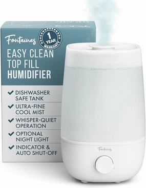 Fontaines Luxury Top-Fill Cool Mist Humidifier - 360 Ultra-Fine Spray, Whisper-Quiet Operation, Dishwasher-Safe Tank, Nightlight & Auto Shut-Off, Easy to Clean for Home, Bedroom, Baby Nursery Desktop fan with humidification feature