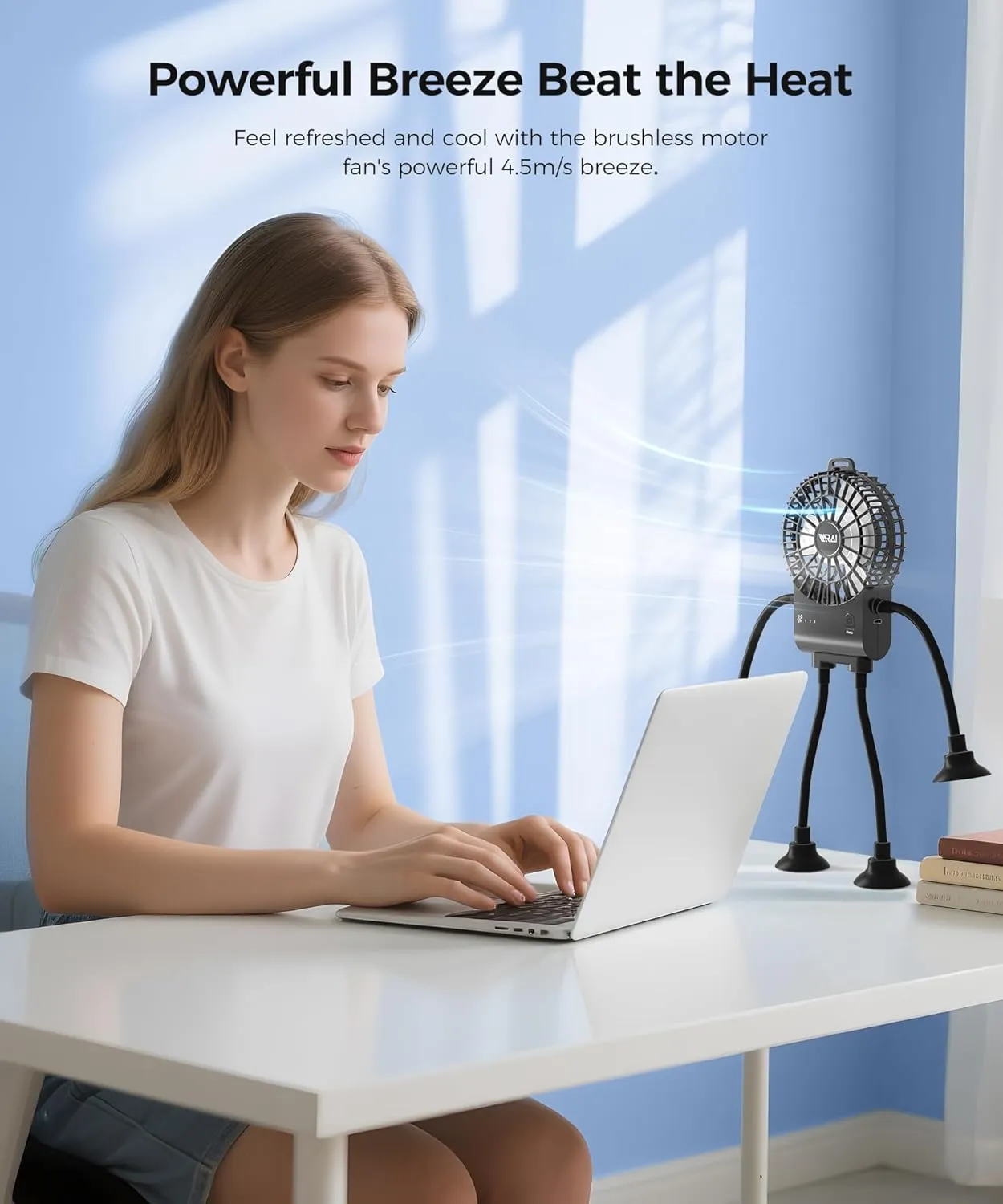 Freestyle Small Robot Fan, Fun Desk Fan with Suckers, Rechargeable Portable Fan and Phone Stand 2 in 1 for Office, Travel and Cars, Black
