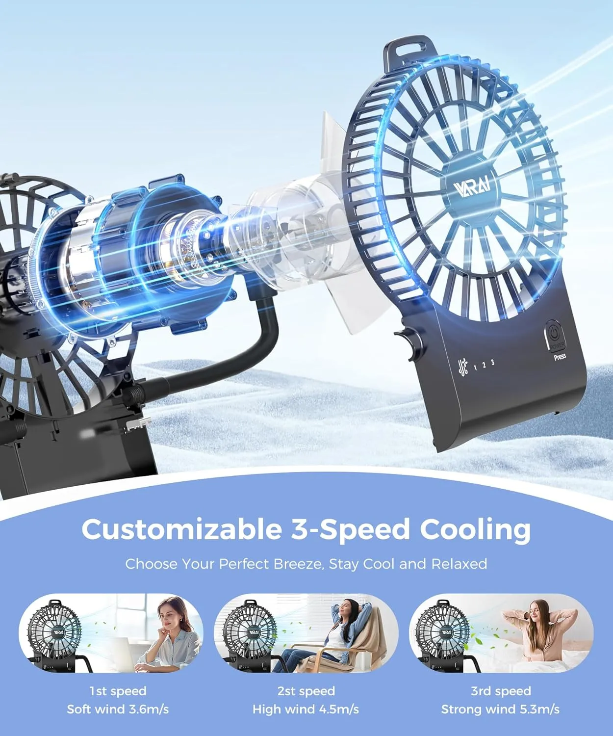 Freestyle Small Robot Fan, Fun Desk Fan with Suckers, Rechargeable Portable Fan and Phone Stand 2 in 1 for Office, Travel and Cars, Black
