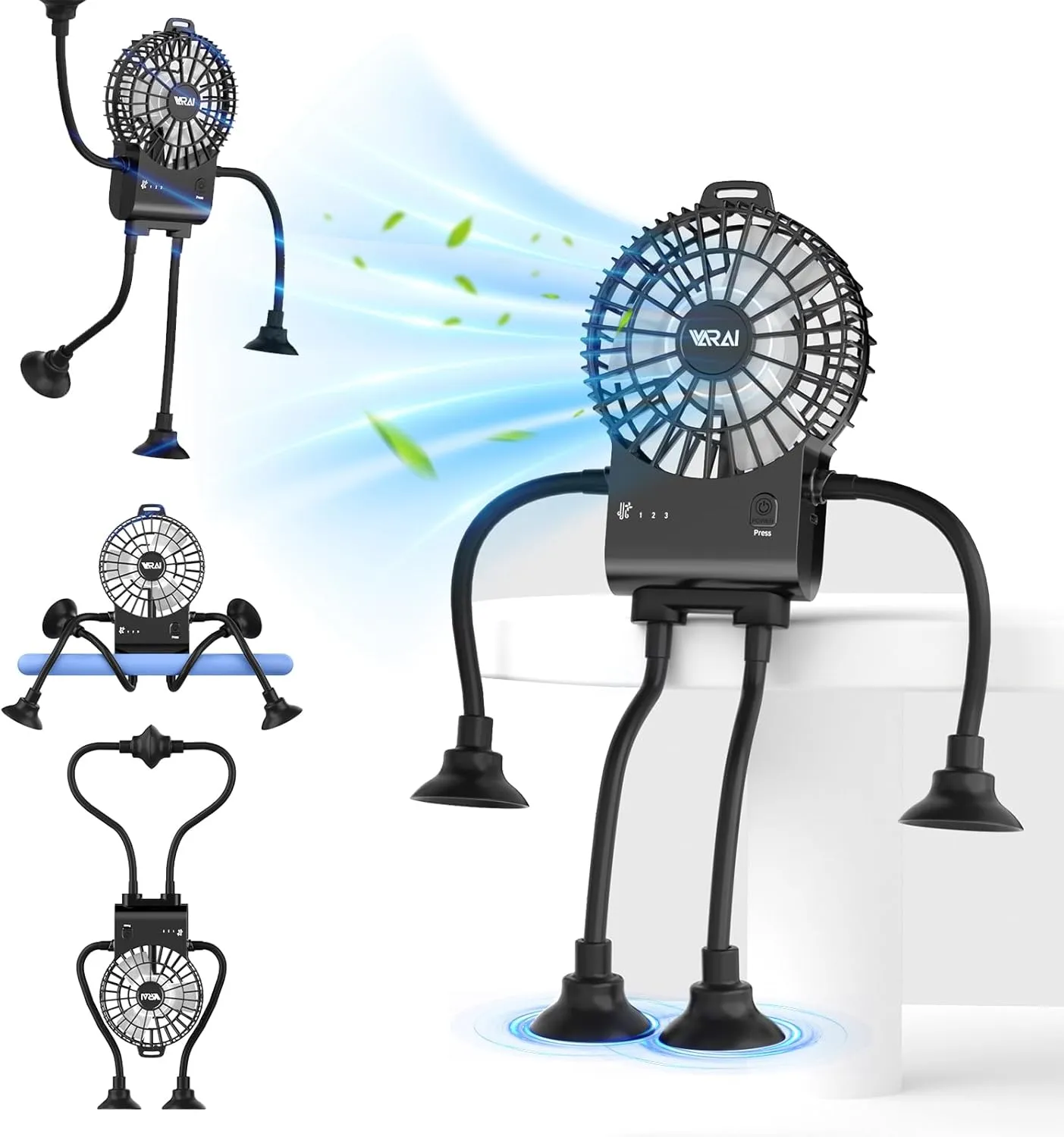 Freestyle Small Robot Fan, Fun Desk Fan with Suckers, Rechargeable Portable Fan and Phone Stand 2 in 1 for Office, Travel and Cars, Black USB desktop fan for workspace
