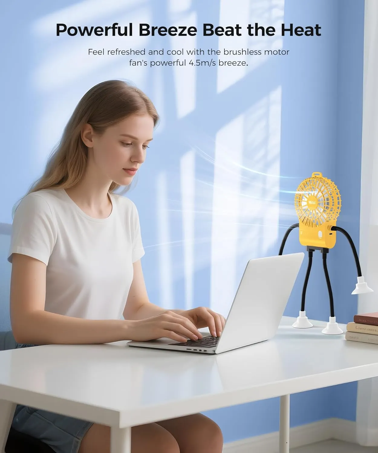 Freestyle Small Robot Fan, Fun Desk Fan with Suckers, Rechargeable Portable Fan and Phone Stand 2 in 1 for Office, Travel and Cars