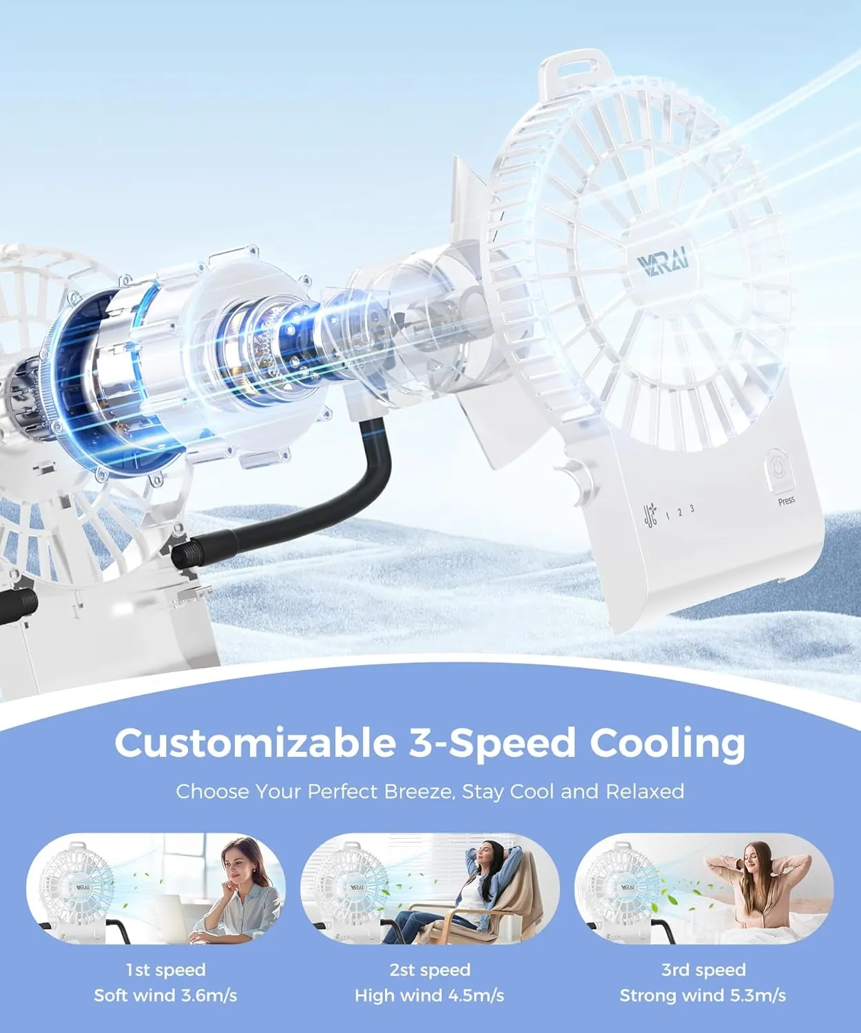 Freestyle Small Robot Fan, Fun Desk Fan with Suckers, Rechargeable Portable Fan and Phone Stand 2 in 1 for Office, Travel and Cars