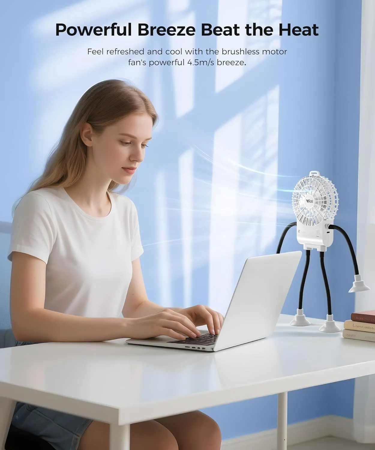 Freestyle Small Robot Fan, Fun Desk Fan with Suckers, Rechargeable Portable Fan and Phone Stand 2 in 1 for Office, Travel and Cars