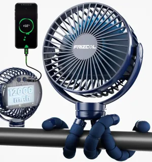 FRIZCOL 12000mAh Portable Stroller Fan, Use As Power Bank, 65H Battery Operated Fan Flexible Tripod Clip On Fans, Detachable Personal Handheld Baby Fans for Stroller, Car seat, Desk, Treadmill (Blue) Mini handheld fan for personal cooling