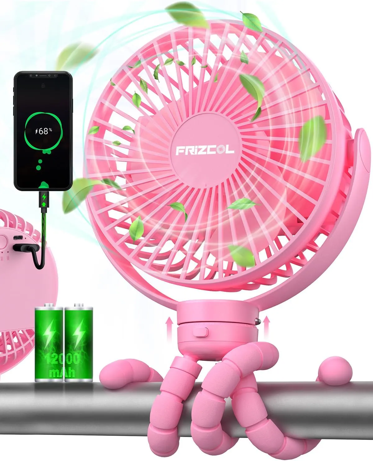 FRIZCOL 12000mAh Portable Stroller Fan, Use As Power Bank, 65H Battery Operated Fan Flexible Tripod Clip On Fans, Detachable Personal Handheld Baby Fans for Stroller, Car seat, Desk, TreadmillPink Mini handheld fan for personal cooling