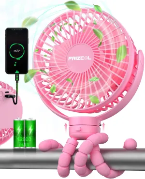 FRIZCOL 12000mAh Portable Stroller Fan, Use As Power Bank, 65H Battery Operated Fan Flexible Tripod Clip On Fans, Detachable Personal Handheld Baby Fans for Stroller, Car seat, Desk, TreadmillPink Mini handheld fan for personal cooling