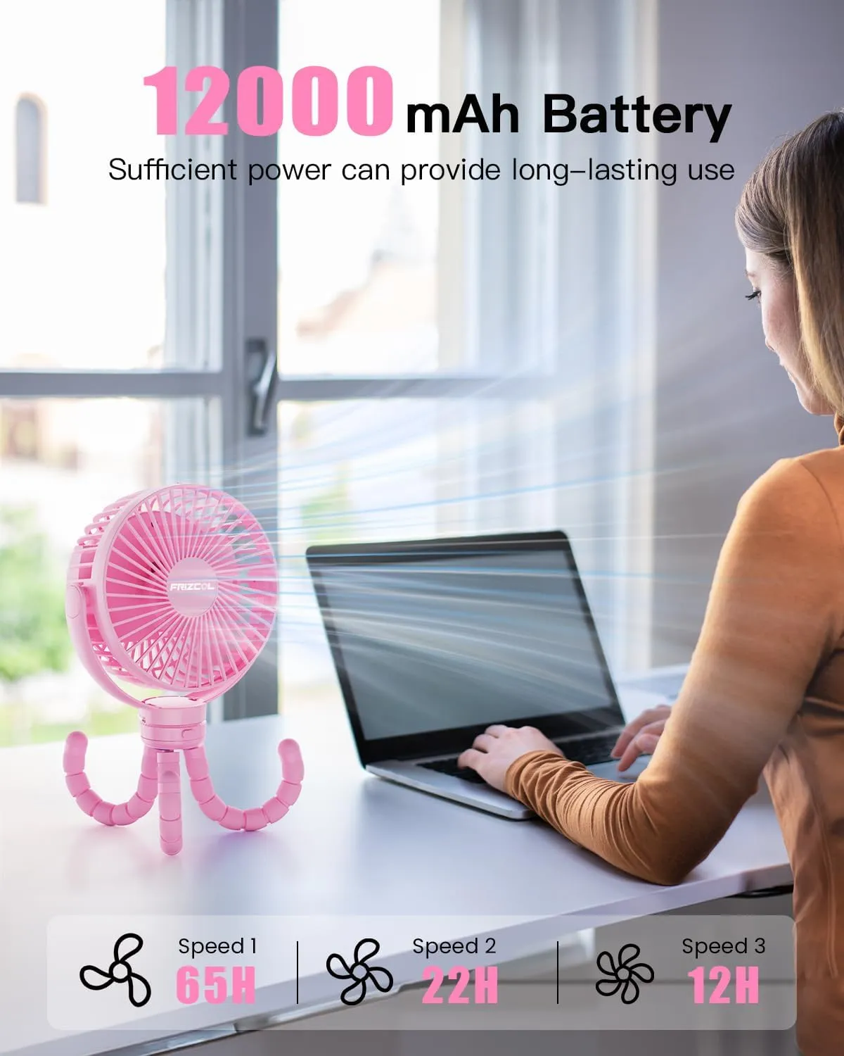FRIZCOL 12000mAh Portable Stroller Fan, Use As Power Bank, 65H Battery Operated Fan Flexible Tripod Clip On Fans, Detachable Personal Handheld Baby Fans for Stroller, Car seat, Desk, TreadmillPink