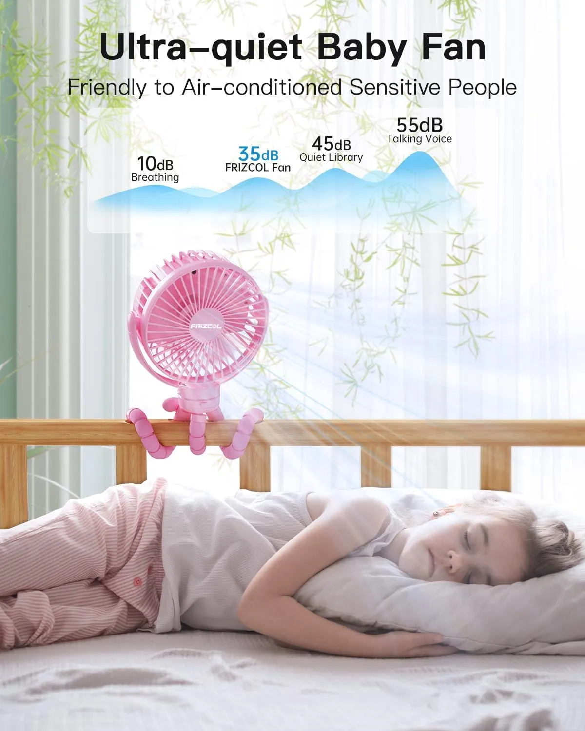 FRIZCOL 12000mAh Portable Stroller Fan, Use As Power Bank, 65H Battery Operated Fan Flexible Tripod Clip On Fans, Detachable Personal Handheld Baby Fans for Stroller, Car seat, Desk, TreadmillPink