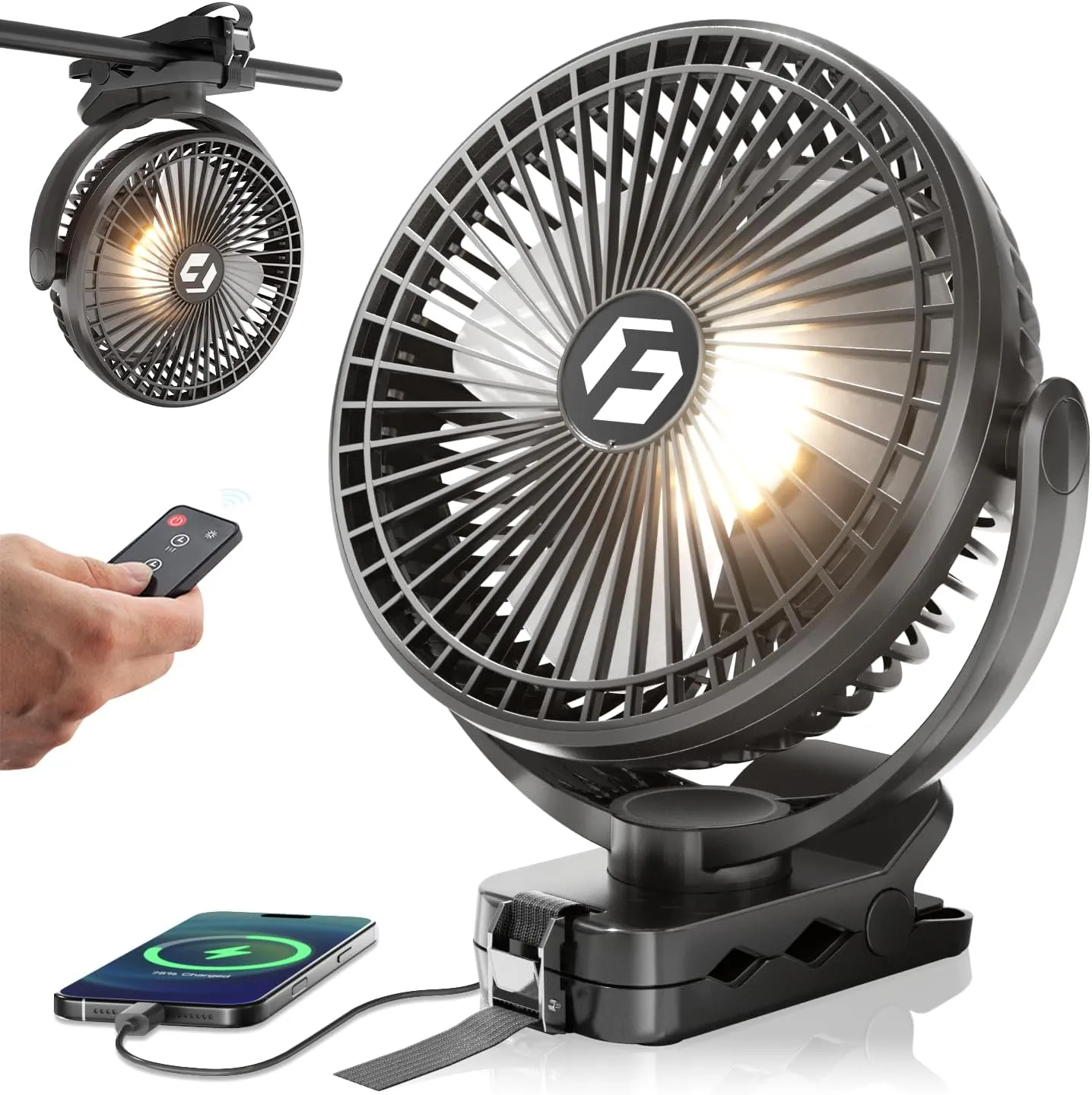FRIZCOL 24000mAh 8 Inch Portable Clip On Fan,Battery Operated Golf Cart Fan with Lights and Remote, USB Fans Small Desk Fans Personal Quiet Fans for Office Stroller Bedroom and Camping Battery-powered portable fan