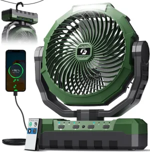 FRIZCOL 3-in-1 Camping Fan - Portable Fans Rechargeable - 24000mAh Battery Powered Fan(140Hrs) with Light & Remote for Indoor, Outdoor, Tent, Travel, BBQ, Fishing, Jobsite - Green Battery-powered portable fan