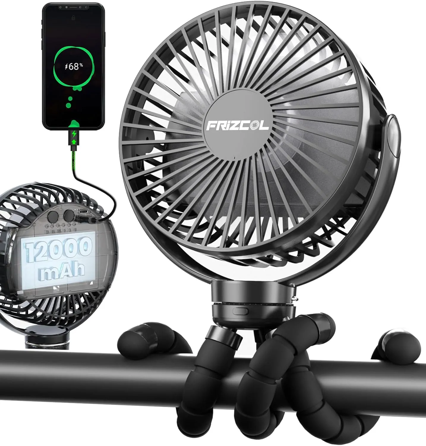 FRIZCOL Portable Stroller Fan, Use As Power Bank, 65H 12000mAh Battery Operated Fan Flexible Tripod Baby Car Seat Fans with Timming, Personal Mini Handheld/Desk/Small Clip On Fans For Stroller Mini handheld fan for personal cooling
