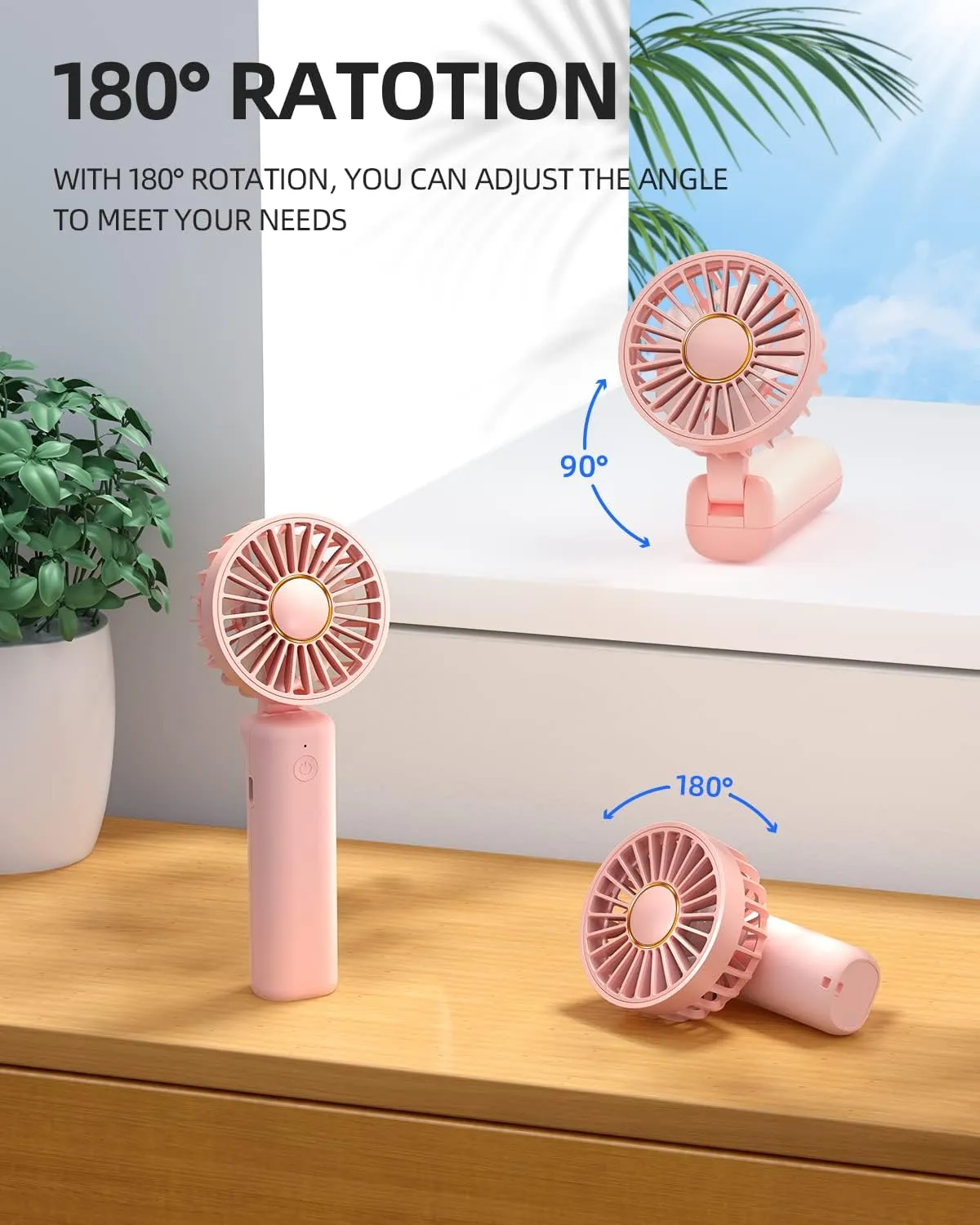 FrSara Mini Handheld Fan Rechargeable, Small Folding Fan Upgraded Wind Power, 3-Speed, 2000mAh Long Battery Life, Power Bank, Quiet, Portable, Suitable for Outdoor Travel, Pink