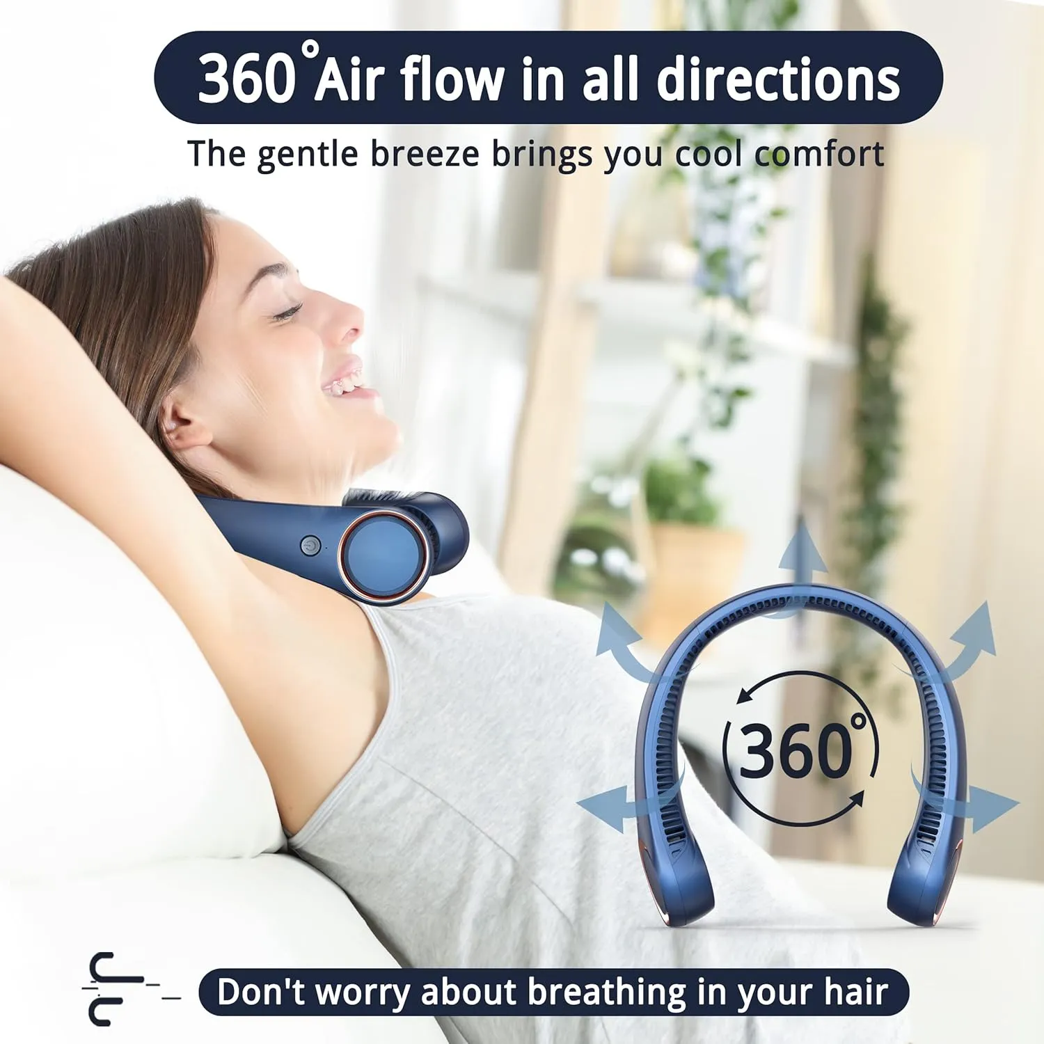 FrSara Portable Bladeless Neck Fan, 4000mAh, USB Charging, 360 Surrounding Air Outlet, Three-speed Adjustable, Quiet, 3 Seconds Rapid Cooling, Good Helper in Summer