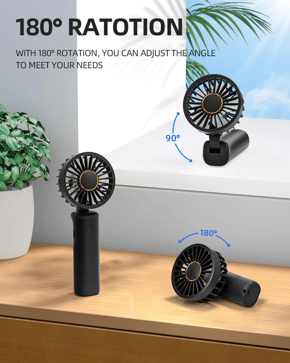 FrSara Portable Handheld Fan Rechargeable, Small Mini Folding Desk Fan Upgraded Wind Power, 3-Speed, 2000mAh Long Battery Life, Quiet, Portable, Suitable for Outdoor Travel, Black