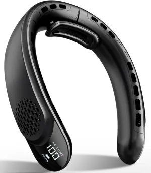 FrSara Portable Neck Fan Rechargeable, Neck Fans that Blow Cold Air, Personal Neck Cooler with 4000mAh, LED Display, 3 Speeds, USB TYPE-C, Ideal Gift for Women, Travel, Men, Sports, Dark Black Neck fan for hands-free comfort