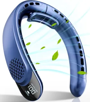 FrSara Portable Neck Fan Rechargeable, Neck Fans that Blow Cold Air, Personal Neck Cooler with 4000mAh, LED Display, 3 Speeds, USB TYPE-C, Ideal Gift for Women, Travel, Men, Sports, Denim Neck fan for hands-free comfort