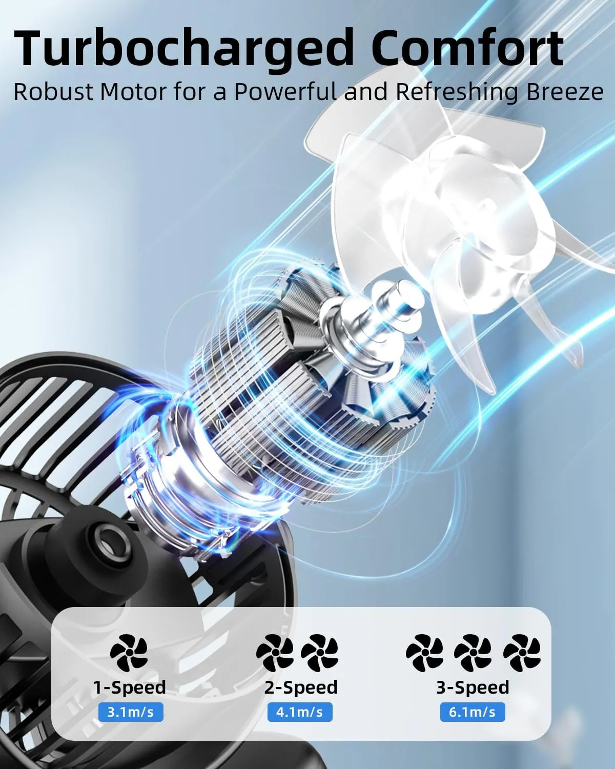 FrSara USB Battery Powered Clip on Fan, Portable Small Fan with USB TYPE-C Charging, 3 Speeds Strong Airflow, with Sturdy Clamp, Quiet Desk Fan, Ideal for Bedroom Office Desktop Treadmill, Black