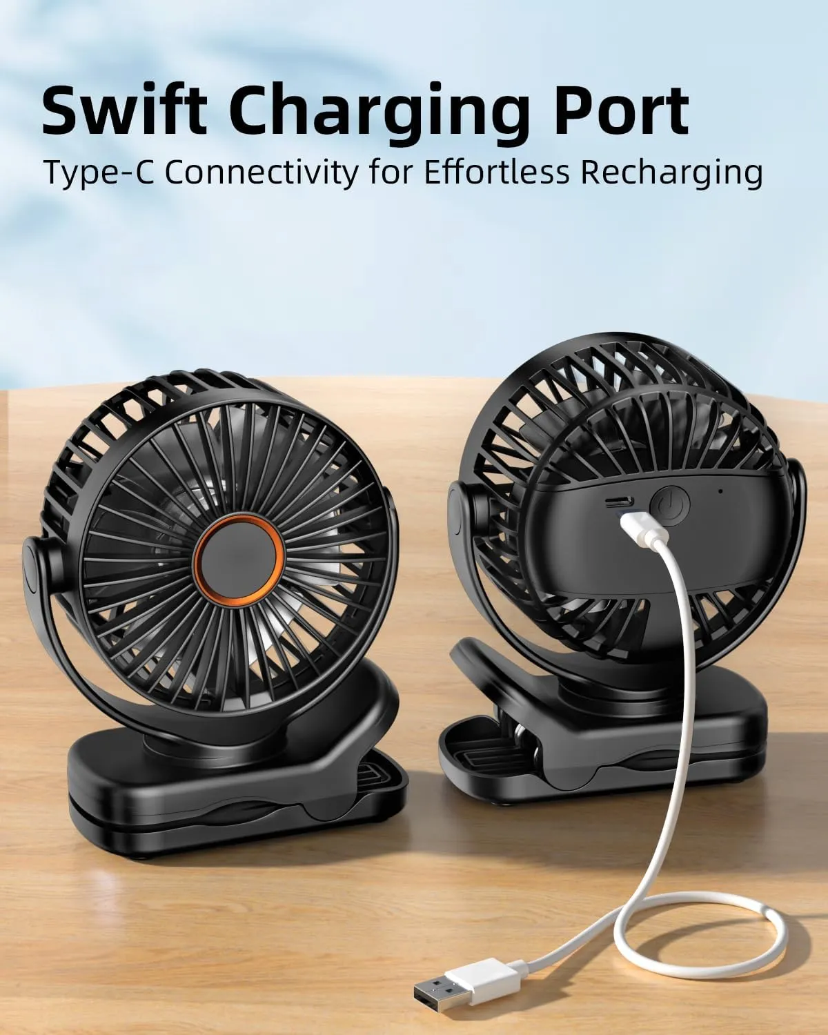 FrSara USB Battery Powered Clip on Fan, Portable Small Fan with USB TYPE-C Charging, 3 Speeds Strong Airflow, with Sturdy Clamp, Quiet Desk Fan, Ideal for Bedroom Office Desktop Treadmill, Black