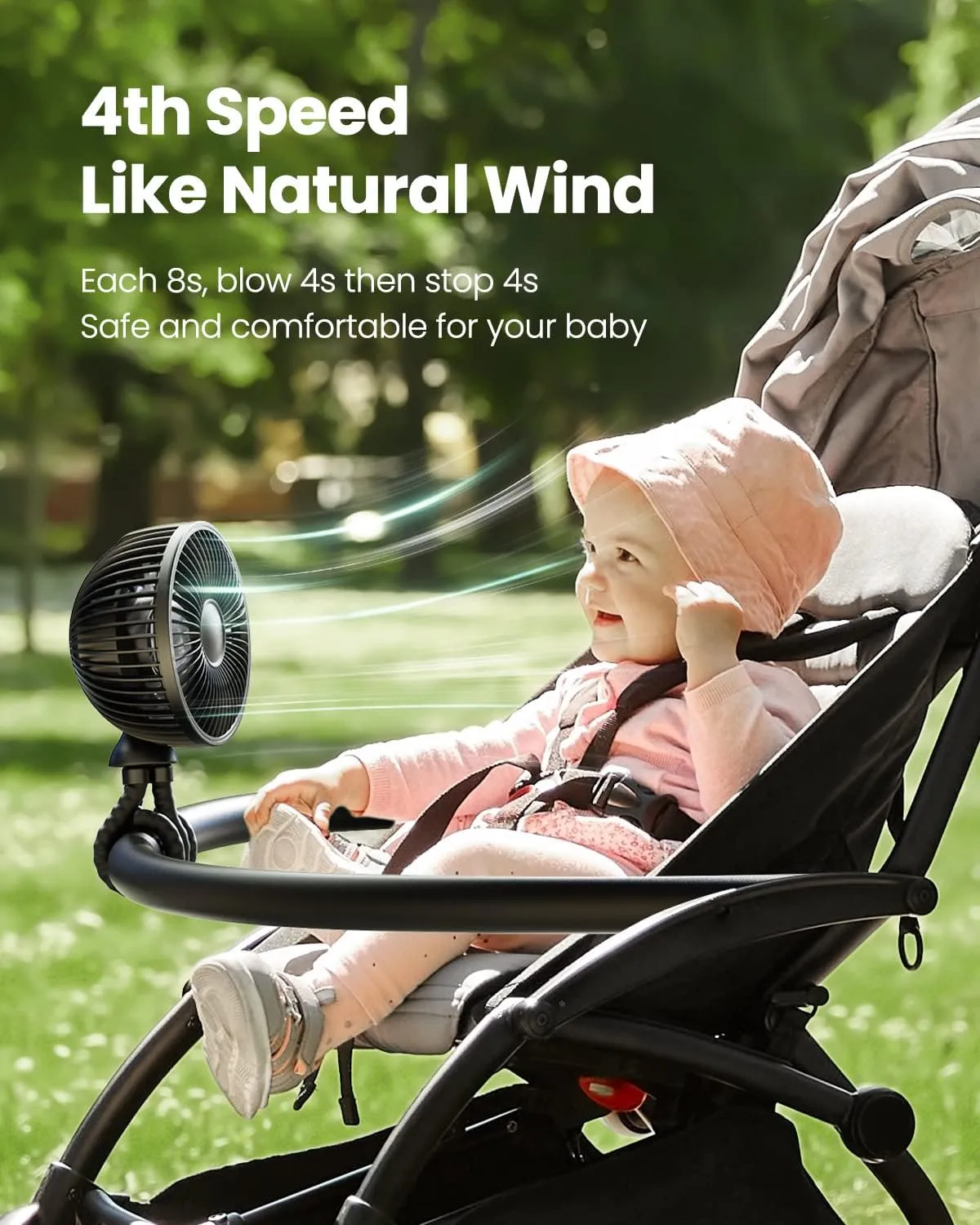 Gaiatop Baby Stroller Fan, 4000mAh Oscillating Mini Portable Fan with Light, 4 Speeds Battery Operated Small Handheld Desk Fan, 360 Rotate Flexible Tripod Clip On Fan for Car Seat Crib Travel Black