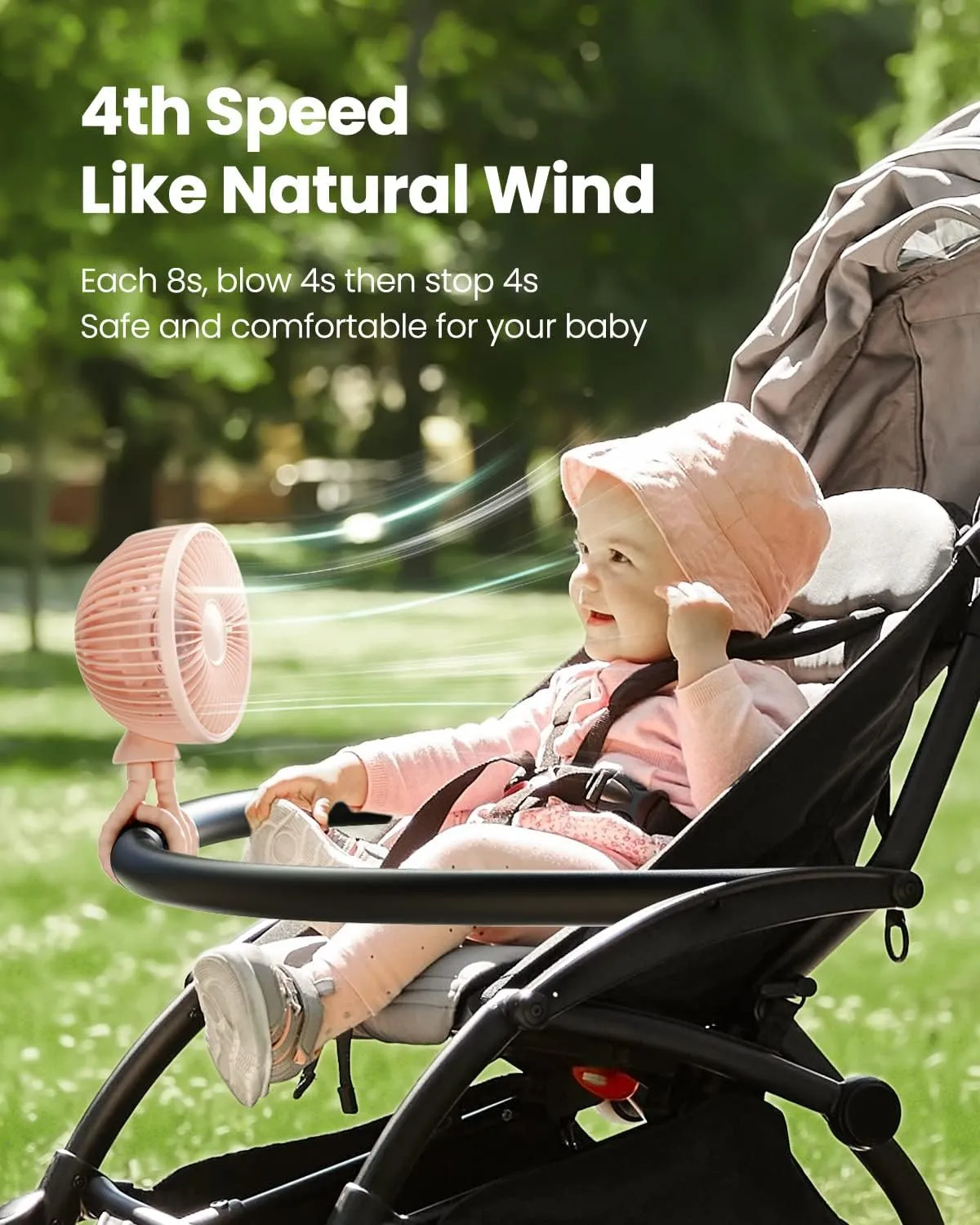 Gaiatop Baby Stroller Fan, 4000mAh Oscillating Mini Portable Fan with Light, 4 Speeds Battery Operated Small Handheld Desk Fan, 360 Rotate Flexible Tripod Clip On Fan for Car Seat Crib Travel Pink