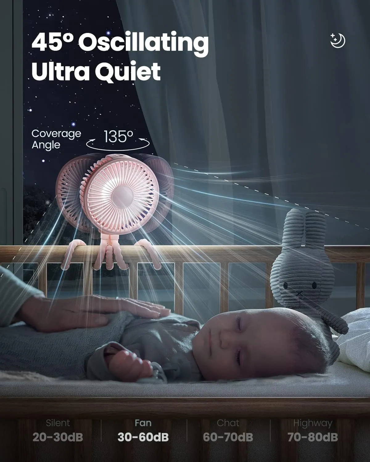 Gaiatop Baby Stroller Fan, 4000mAh Oscillating Mini Portable Fan with Light, 4 Speeds Battery Operated Small Handheld Desk Fan, 360 Rotate Flexible Tripod Clip On Fan for Car Seat Crib Travel Pink