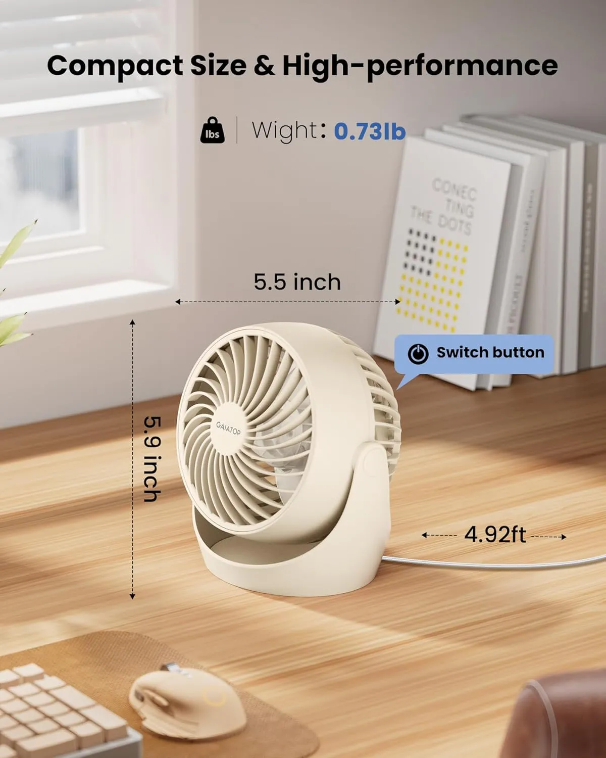 Gaiatop Desk Fan, 5-Inch Portable Electric Table Desktop Air Circulator Fans, Small but Powerful with 3 Speed 360 Adjustable Tilt for Cooling Home Dorm Office Bedroom Bathroom Kitchen, Beige