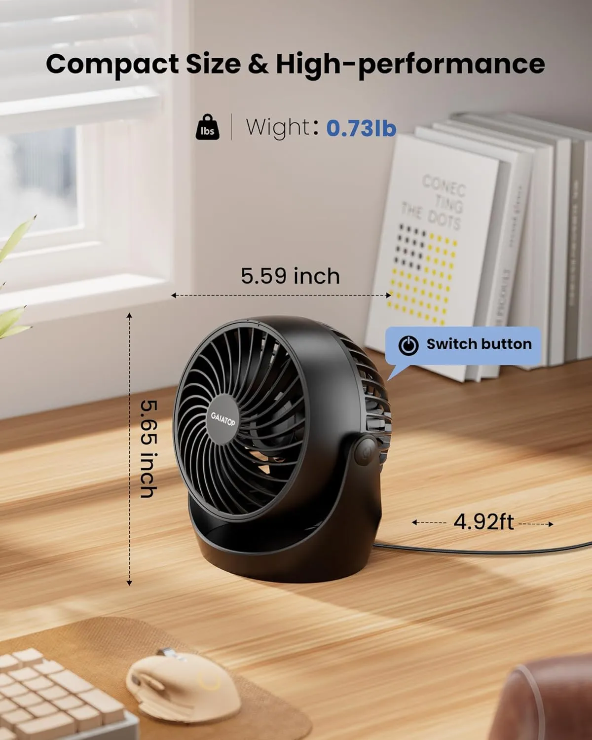 Gaiatop Desk Fan, 5-Inch Portable Electric Table Desktop Air Circulator Fans, Small but Powerful with 3 Speed 360 Adjustable Tilt for Cooling Home Dorm Office Bedroom Bathroom Kitchen, Black