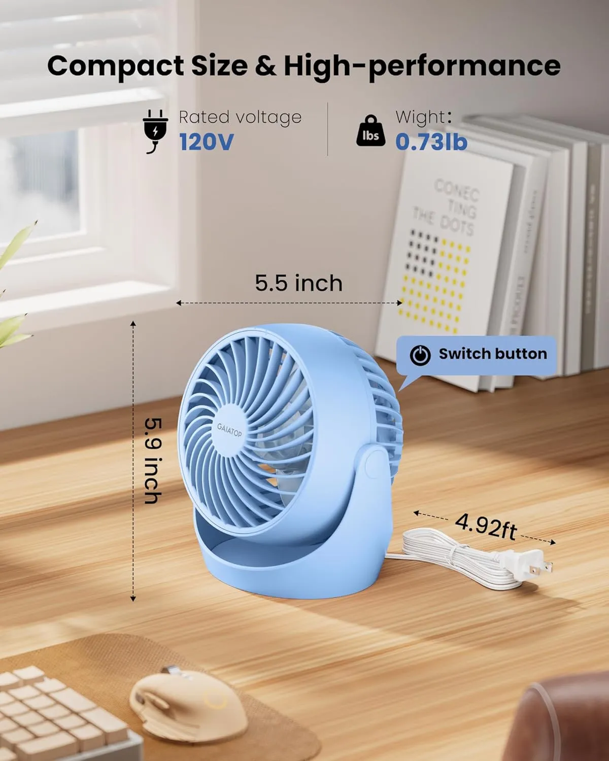 Gaiatop Desk Fan, 5-Inch Portable Electric Table Desktop Air Circulator Fans, Small but Powerful with 3 Speed 360 Adjustable Tilt for Cooling Home Dorm Office Bedroom Bathroom Kitchen, Blue