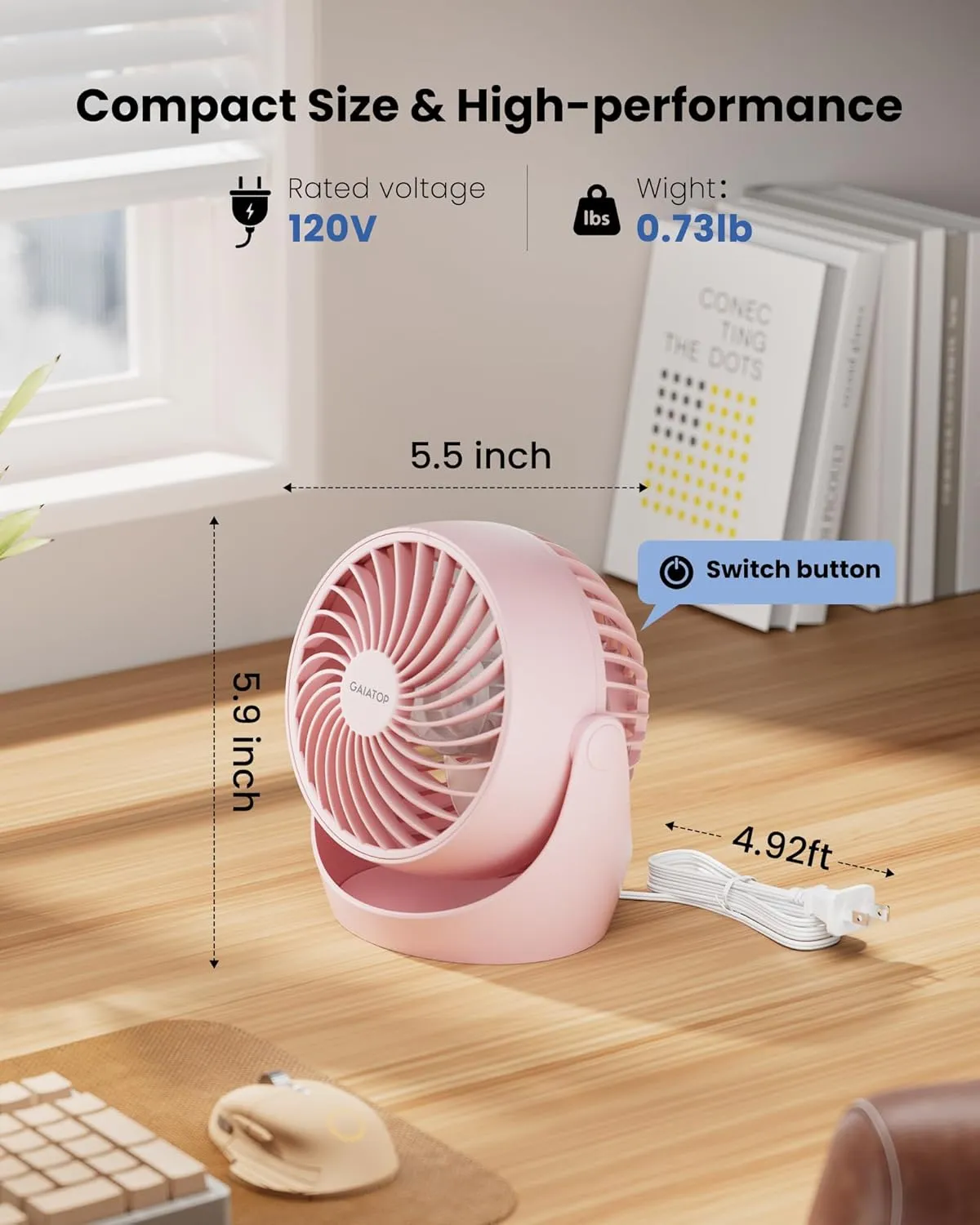 Gaiatop Desk Fan, 5-Inch Portable Electric Table Desktop Air Circulator Fans, Small but Powerful with 3 Speed 360 Adjustable Tilt for Cooling Home Dorm Office Bedroom Bathroom Kitchen, Pink