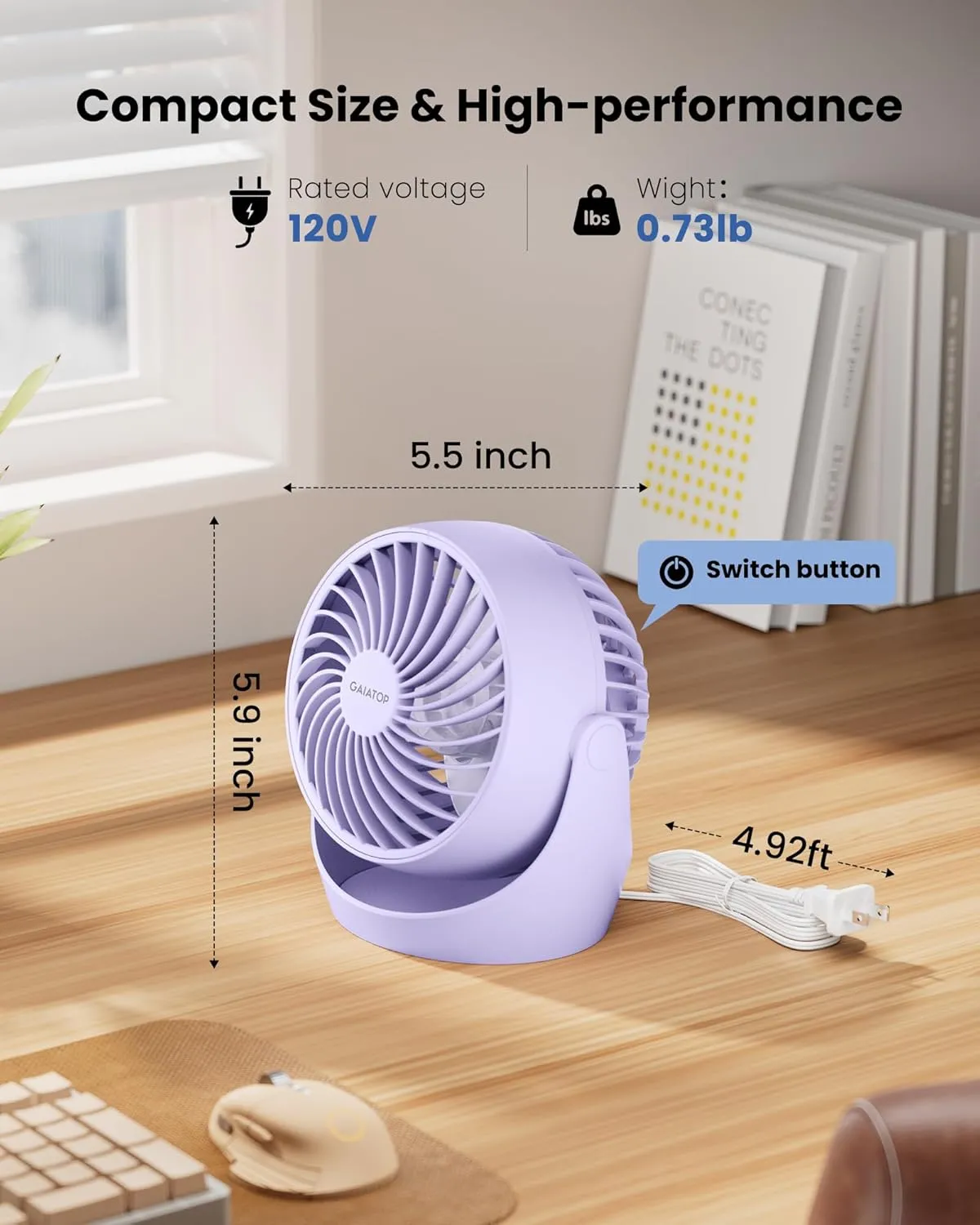 Gaiatop Desk Fan, 5-Inch Portable Electric Table Desktop Air Circulator Fans, Small but Powerful with 3 Speed 360 Adjustable Tilt for Cooling Home Dorm Office Bedroom Bathroom Kitchen, Purple