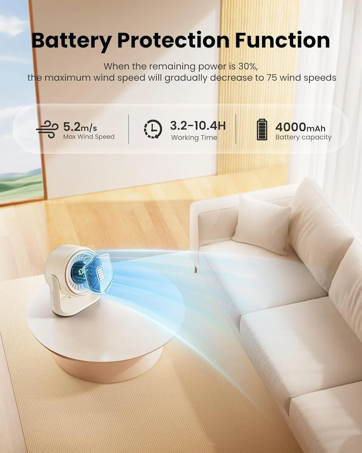 Gaiatop Desk Fan, 7.7 Inch Ultra Quiet Rechargeable 4000mAh Battery Operated Fan, Touch Control LED Display, 5 Speeds Strong Wind, Table Desktop for Bedroom Office Dorm Home, Gift for Women Men, Beige