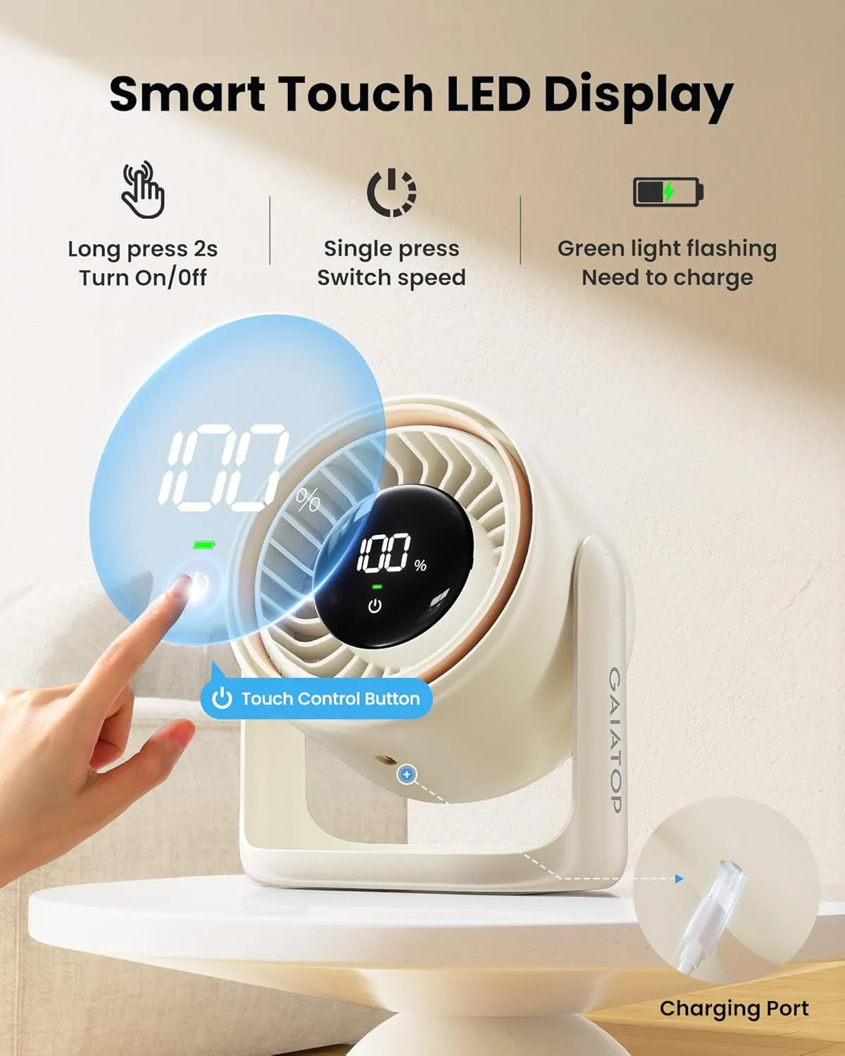 Gaiatop Desk Fan, 7.7 Inch Ultra Quiet Rechargeable 4000mAh Battery Operated Fan, Touch Control LED Display, 5 Speeds Strong Wind, Table Desktop for Bedroom Office Dorm Home, Gift for Women Men, Beige