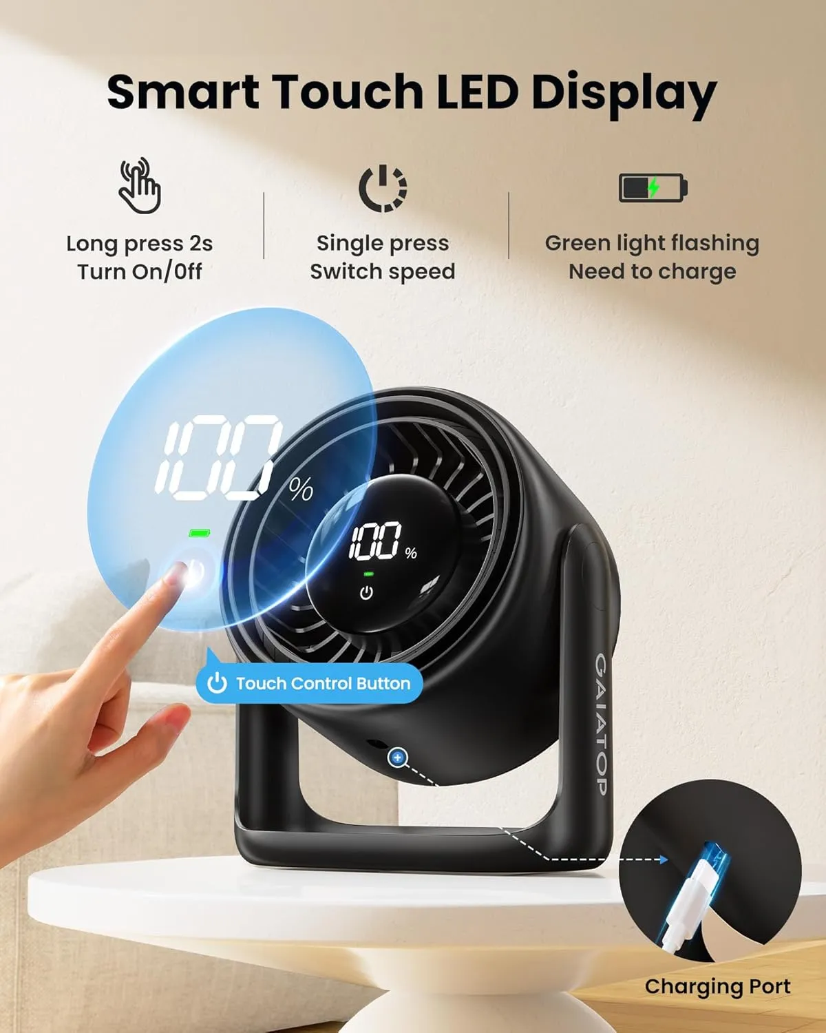 Gaiatop Desk Fan for Bedroom, Ultra Quiet Table Battery Powered Fan 7.7 Inch, Touch Control 4000mAh, Strong Airflow 5 Speeds Rechargeable Desktop for Office Bedside Dorm Home, Gift for Women Men Black