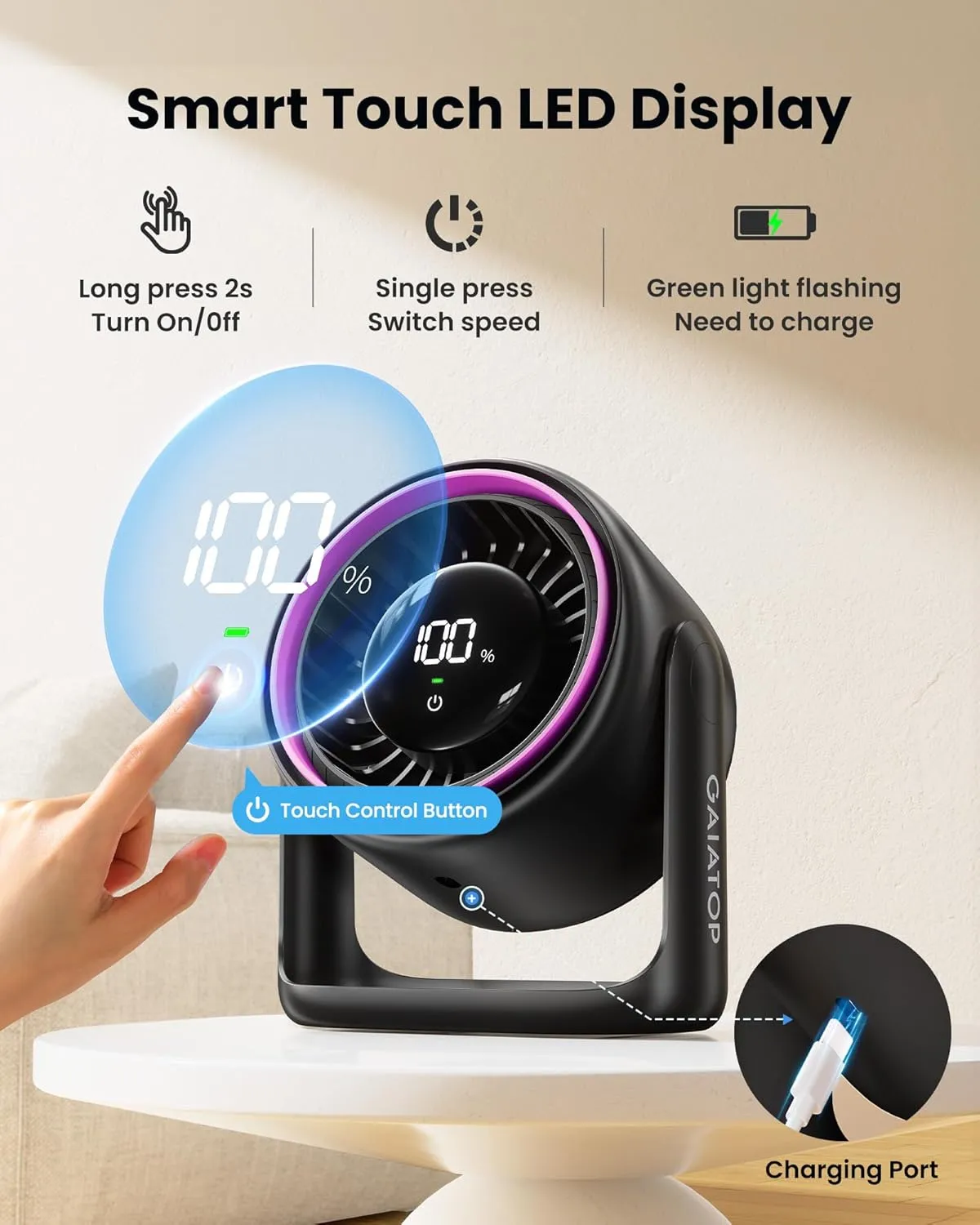 Gaiatop Desk Fan for Bedroom, Ultra Quiet Table Battery Powered Fan 7.7 Inch, Touch Control 4000mAh, Strong Airflow 5 Speeds Rechargeable Desktop for Office Dorm Home, Gift for Women Men, Black Purple