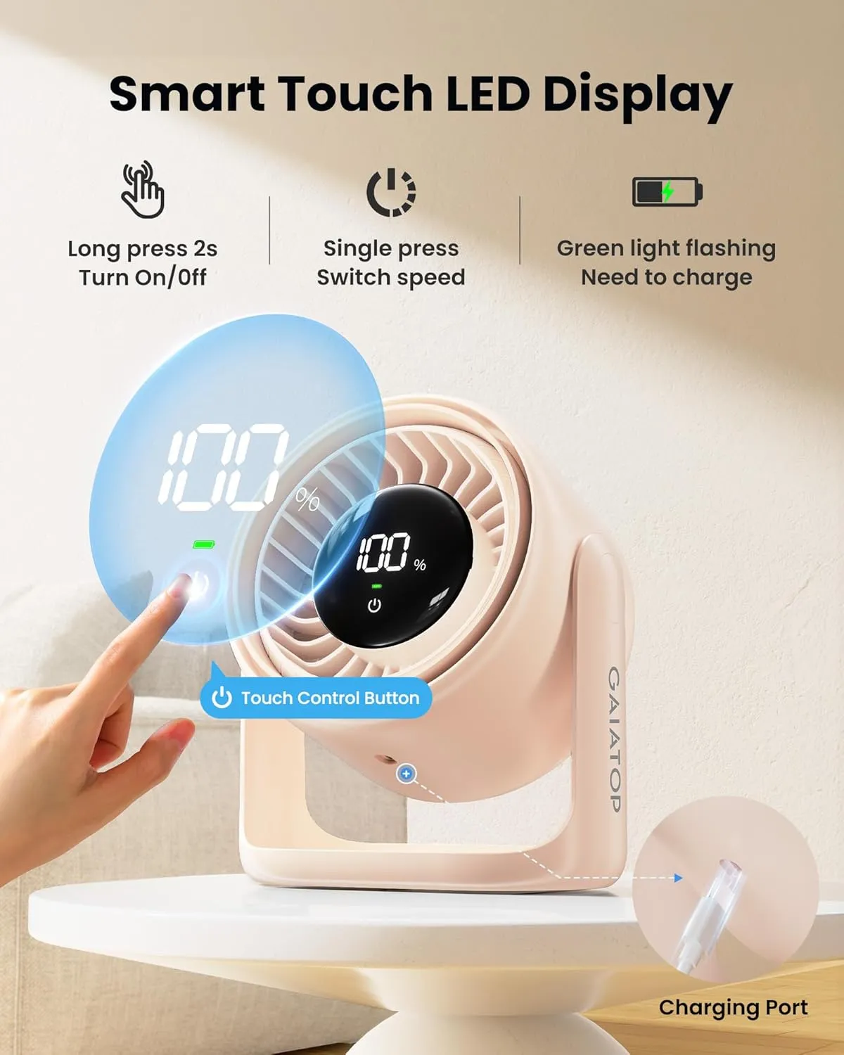 Gaiatop Desk Fan for Bedroom, Ultra Quiet Table Battery Powered Fan, Touch Control, 7.7 Inch Strong Airflow 5 Speeds 4000mAh Rechargeable Desktop for Bedside Office Dorm Home, Gift for Women Men, Pink