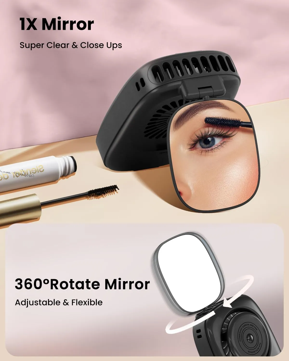 Gaiatop Mini Neck Fan, Rechargeable LED Power Display 3 Speed 360Rotate Lash Makeup Mirror Cute Camera Design, Small Portable USB Handheld Desk Fans Personal Cooling Travel Essentials Black