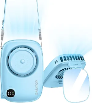 Gaiatop Mini Neck Fan, Rechargeable LED Power Display 3 Speed 360Rotate Lash Makeup Mirror Cute Camera Design, Small Portable USB Handheld Desk Fans Personal Cooling Travel Essentials Blue Mini handheld fan for personal cooling