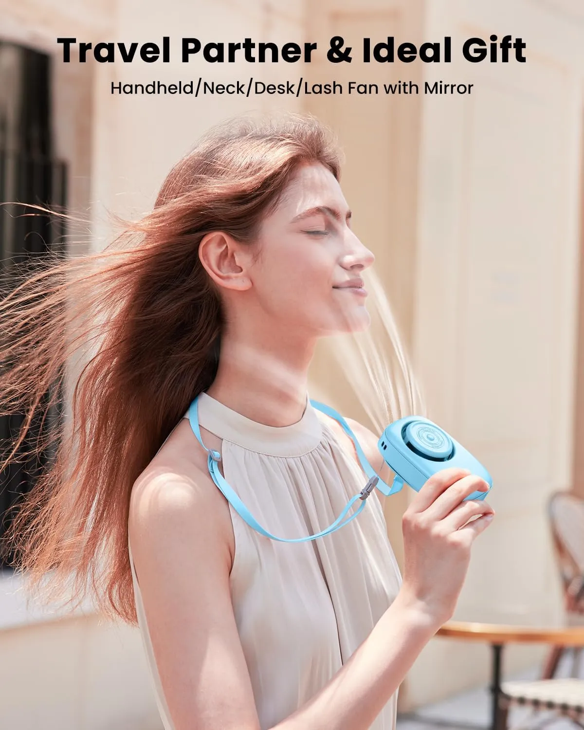 Gaiatop Mini Neck Fan, Rechargeable LED Power Display 3 Speed 360Rotate Lash Makeup Mirror Cute Camera Design, Small Portable USB Handheld Desk Fans Personal Cooling Travel Essentials Blue