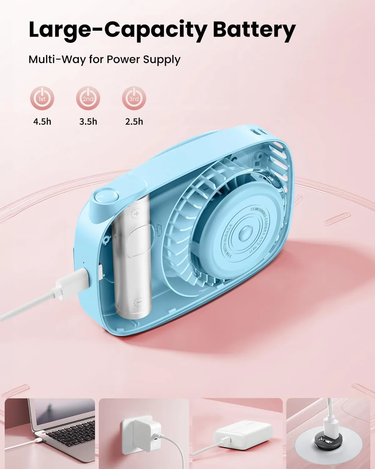 Gaiatop Mini Neck Fan, Rechargeable LED Power Display 3 Speed 360Rotate Lash Makeup Mirror Cute Camera Design, Small Portable USB Handheld Desk Fans Personal Cooling Travel Essentials Blue