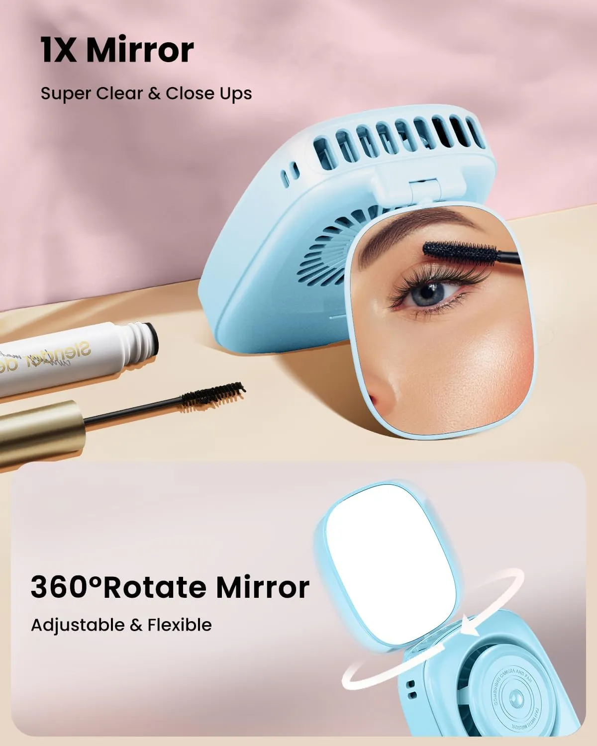 Gaiatop Mini Neck Fan, Rechargeable LED Power Display 3 Speed 360Rotate Lash Makeup Mirror Cute Camera Design, Small Portable USB Handheld Desk Fans Personal Cooling Travel Essentials Blue